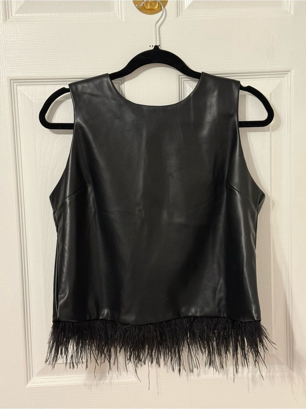 For Cynthia Black Faux Leather Camisole with Feather Trim